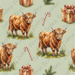 Vache highland et canne de Noël fond vert