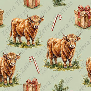 Vache highland et canne de Noël fond vert