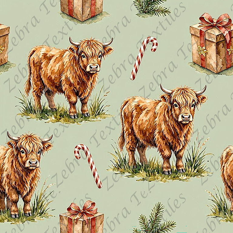 Vache highland et canne de Noël fond vert
