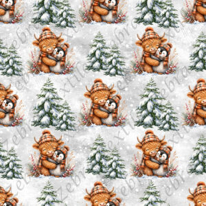 Vache pingouin et sapin fond gris