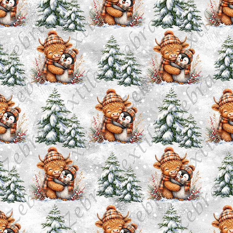 Vache pingouin et sapin fond gris
