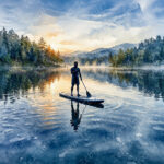 Homme en paddle au coucher du soleil