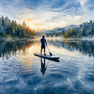 Homme en paddle au coucher du soleil