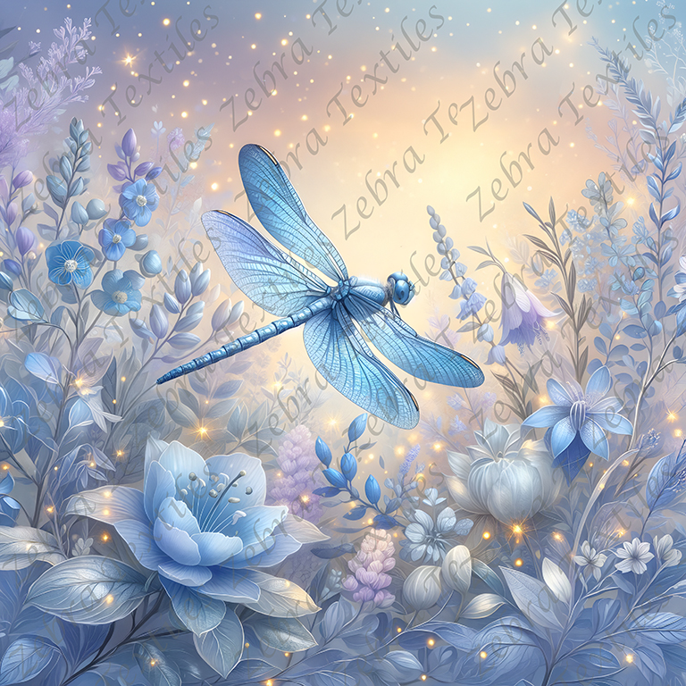 Libellule bleue et champs féérique