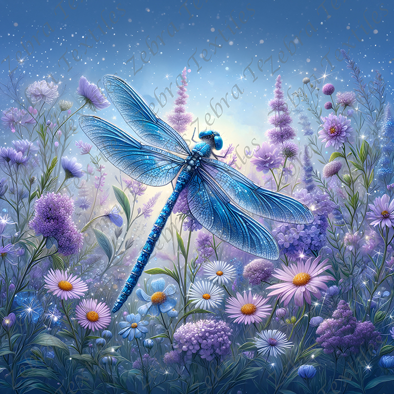 Libellule bleue fleur mauve