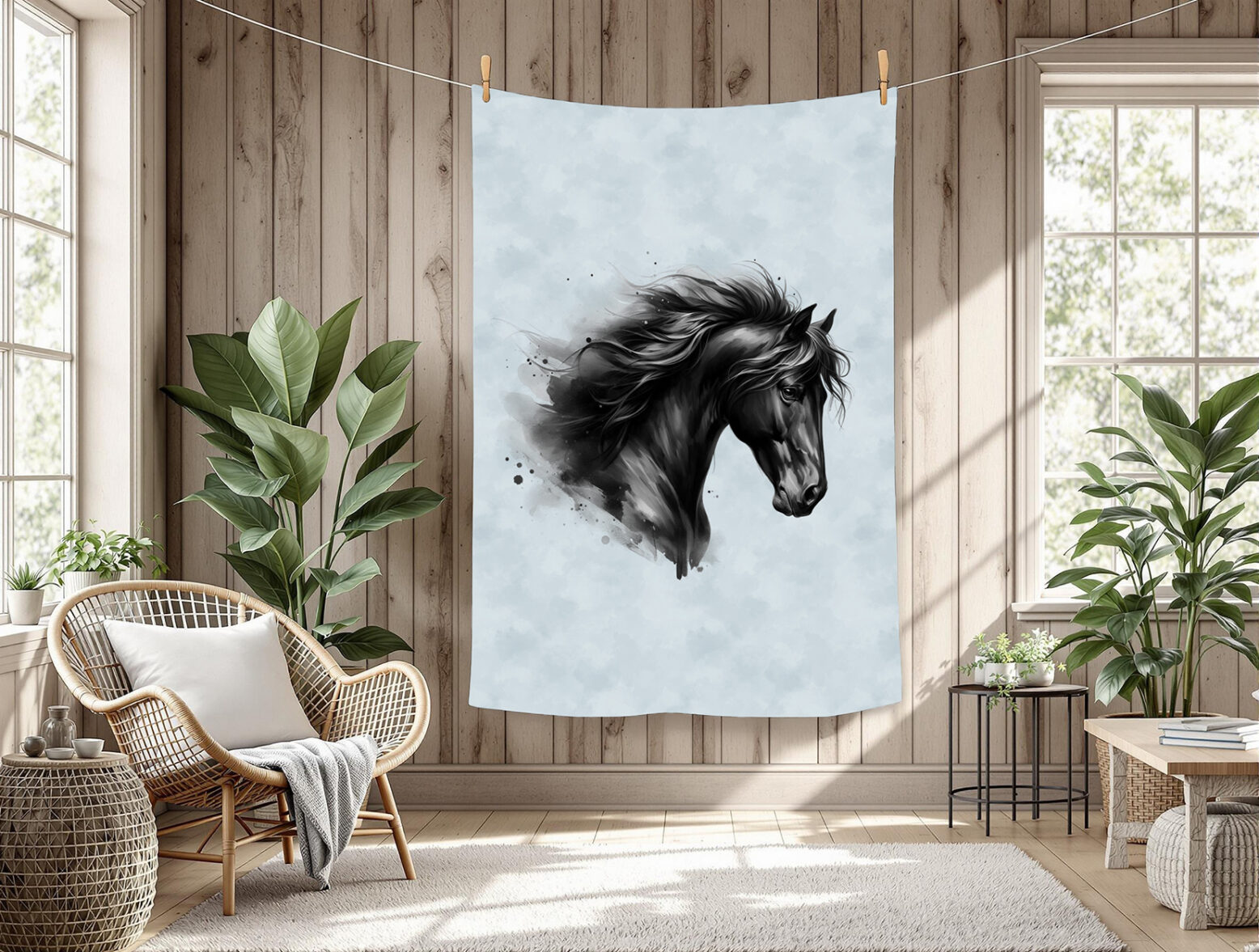 Tête de cheval noir fond bleu