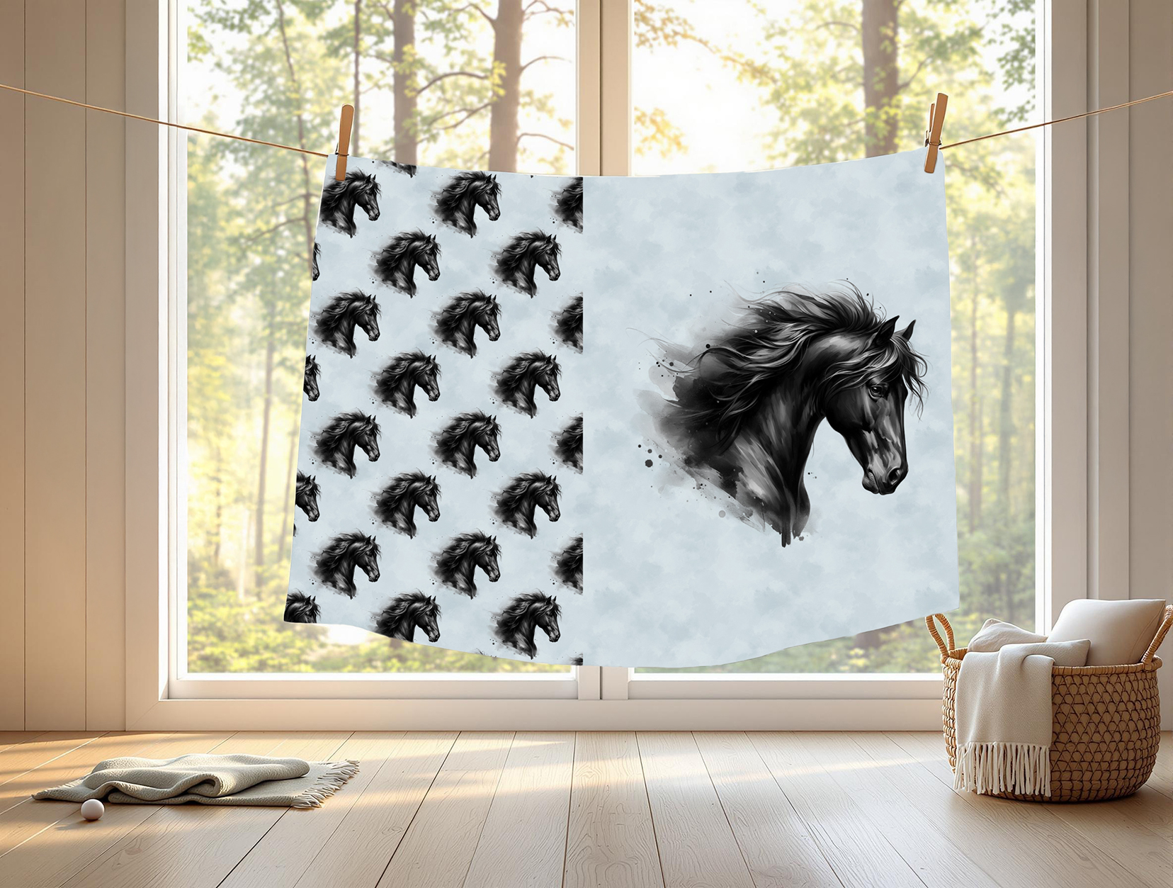 Tête de cheval noir fond bleu